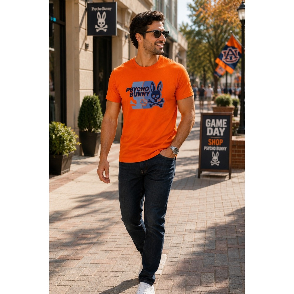 Psycho Bunny Graphic Tee Men XS (3) Orange Flocked Logo Pima Cotton Short Sleeve